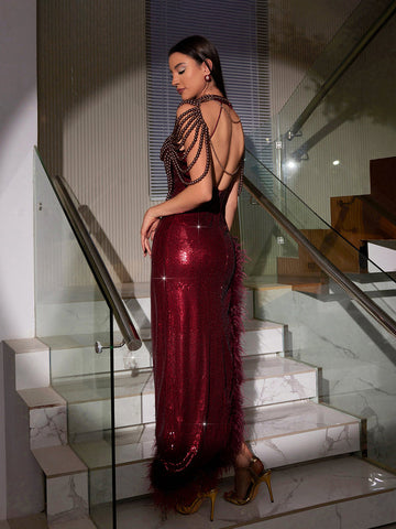 Cole Sleeveless Feather Sequin Dress In Wine