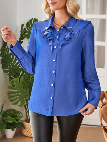 Collar Studded Ruffled Hem Single-Breasted Denim Effect Long Sleeve Shirt