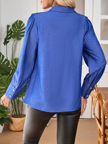 Collar Studded Ruffled Hem Single-Breasted Denim Effect Long Sleeve Shirt