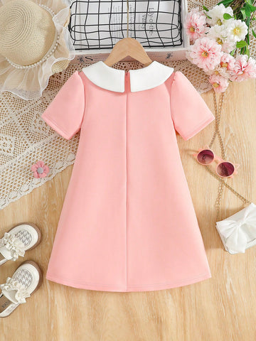 Collegiate Style Collar Girl's Solid Color Sweet & Charming Puff Sleeve Bow Neckline A-Line Dress