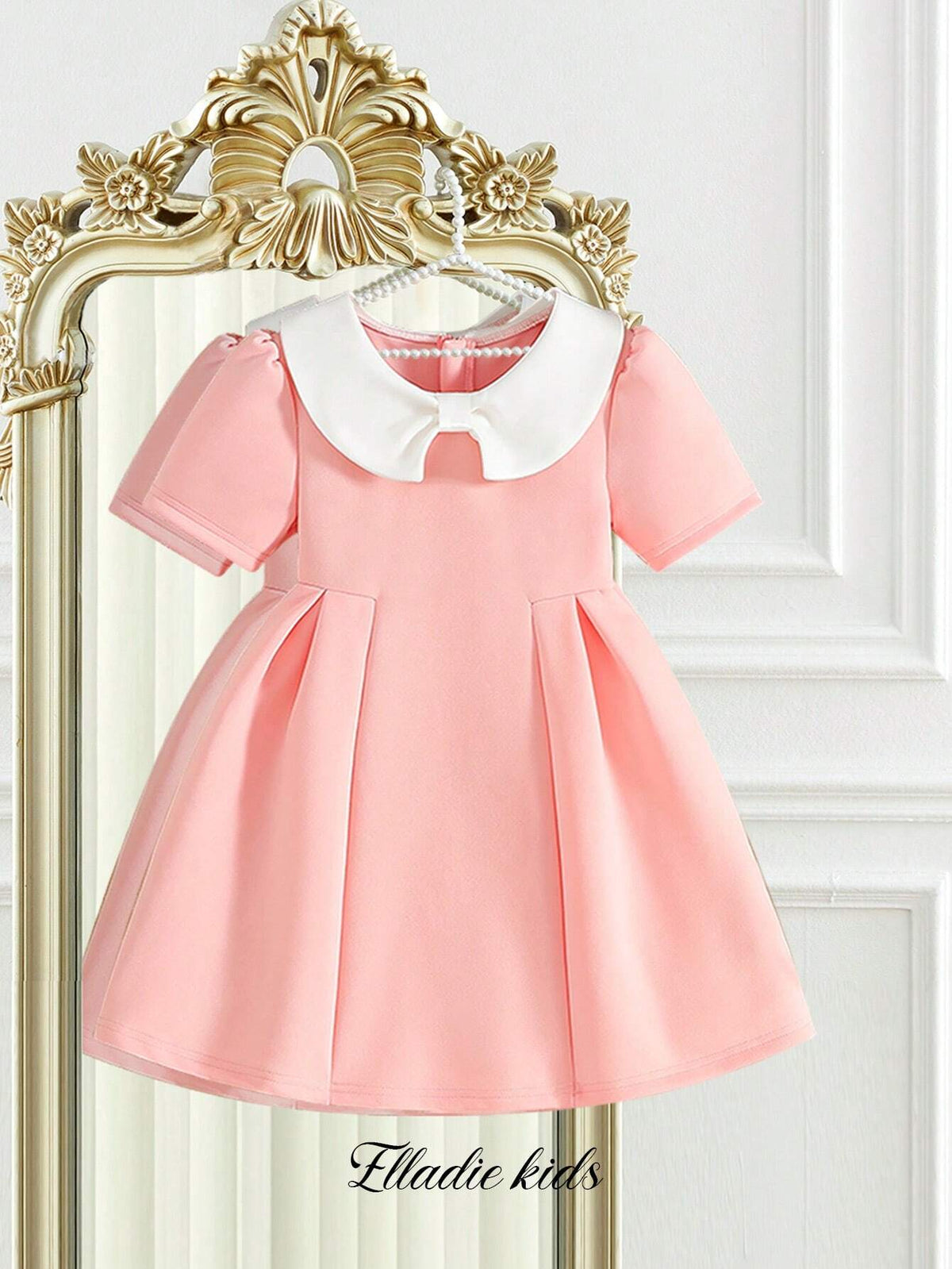 Collegiate Style Collar Girl's Solid Color Sweet & Charming Puff Sleeve Bow Neckline A-Line Dress