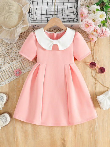 Collegiate Style Collar Girl's Solid Color Sweet & Charming Puff Sleeve Bow Neckline A-Line Dress
