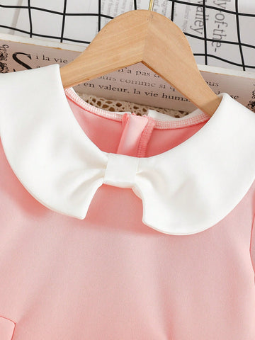 Collegiate Style Collar Girl's Solid Color Sweet & Charming Puff Sleeve Bow Neckline A-Line Dress