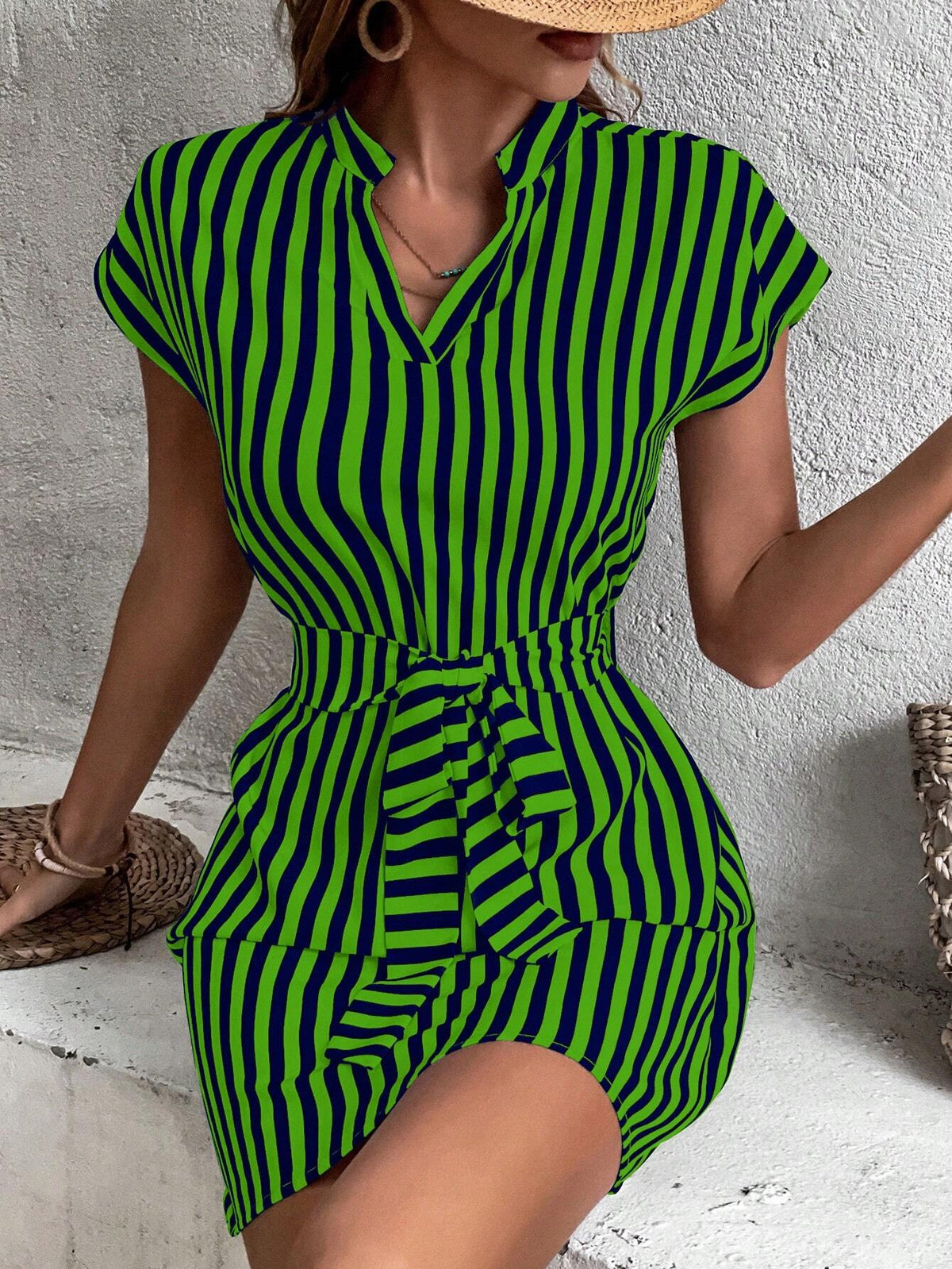 Color-Block Striped Short Sleeve Dress With Notched Collar