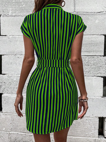 Color-Block Striped Short Sleeve Dress With Notched Collar