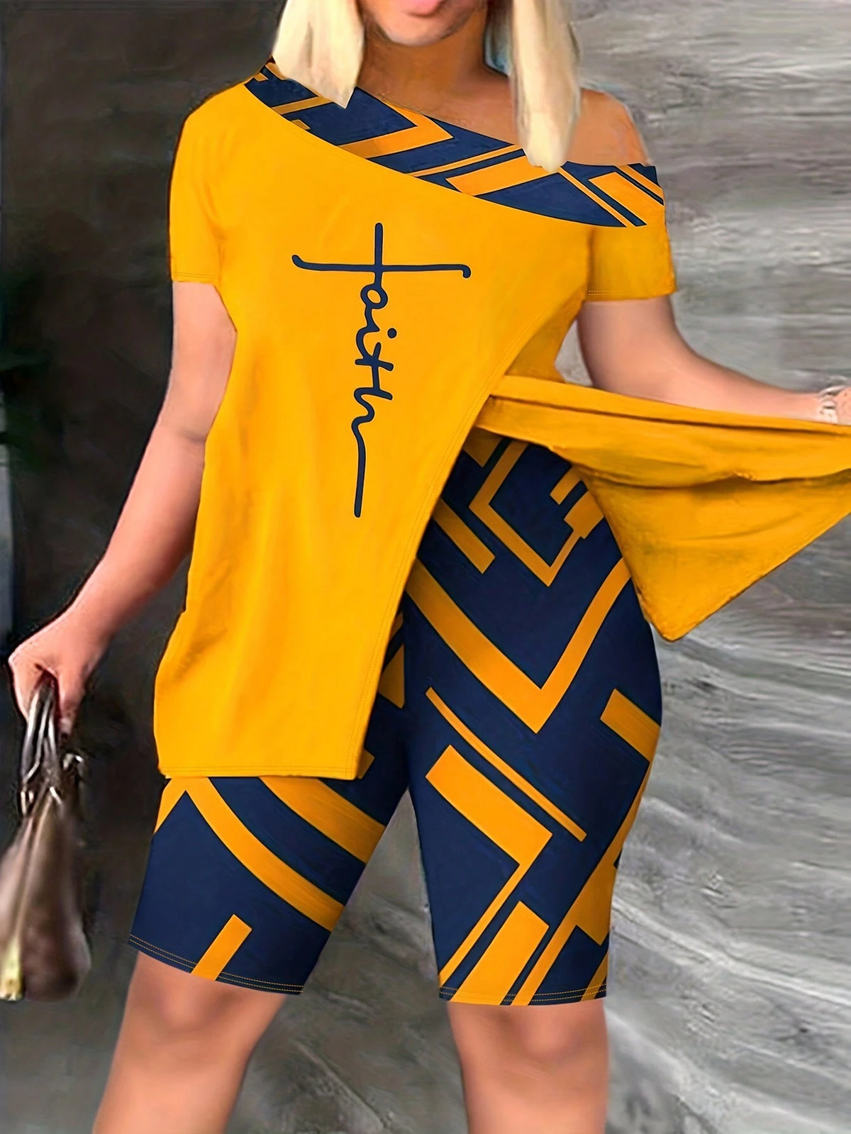 Color Block Asymmetric Neckline Top And Shorts Set With Letter Print For Summer Casual Wear