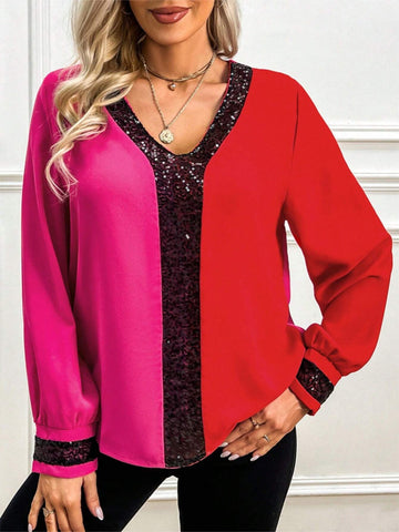 Color Block Glitter V-Neck Long Sleeve Top For Women