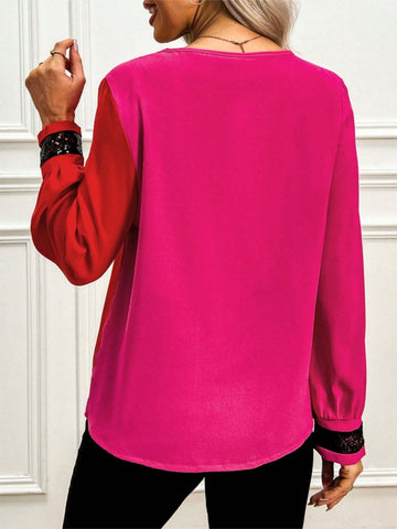 Color Block Glitter V-Neck Long Sleeve Top For Women