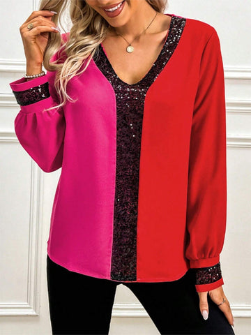 Color Block Glitter V-Neck Long Sleeve Top For Women