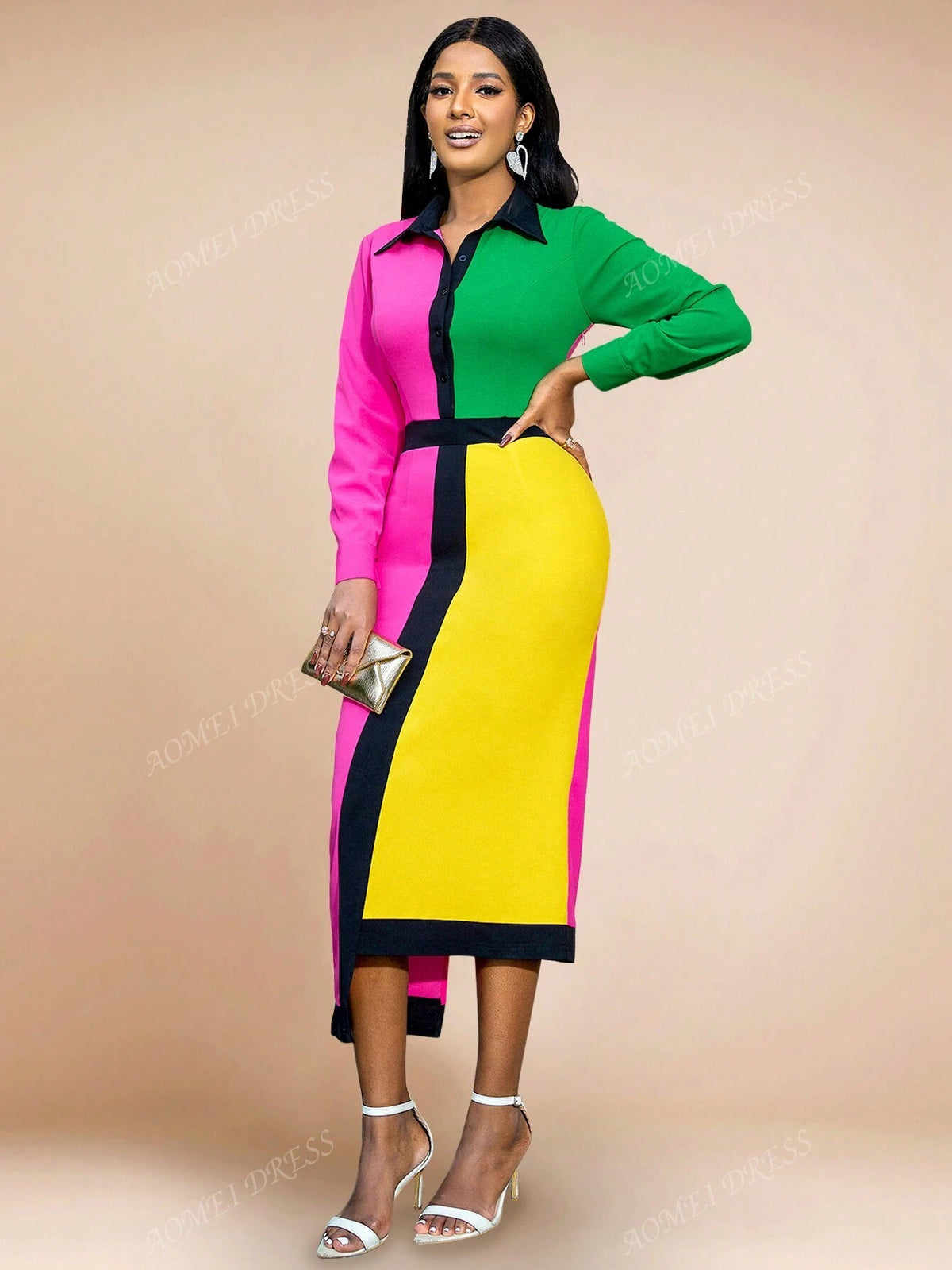 Color Block Splice Fashion Turndown Collar Bodycon Dress