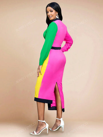 Color Block Splice Fashion Turndown Collar Bodycon Dress
