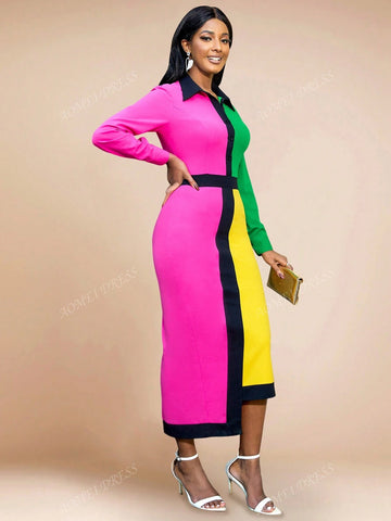 Color Block Splice Fashion Turndown Collar Bodycon Dress