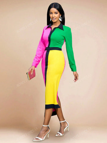 Color Block Splice Fashion Turndown Collar Bodycon Dress