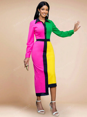 Color Block Splice Fashion Turndown Collar Bodycon Dress