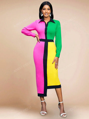 Color Block Splice Fashion Turndown Collar Bodycon Dress