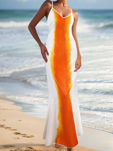 Color Block V-Neck Spaghetti Strap Summer Vacation Style Sundress