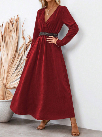 Color Block Woven Belt V-Neck Waist Belted Midi Dress