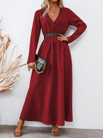 Color Block Woven Belt V-Neck Waist Belted Midi Dress