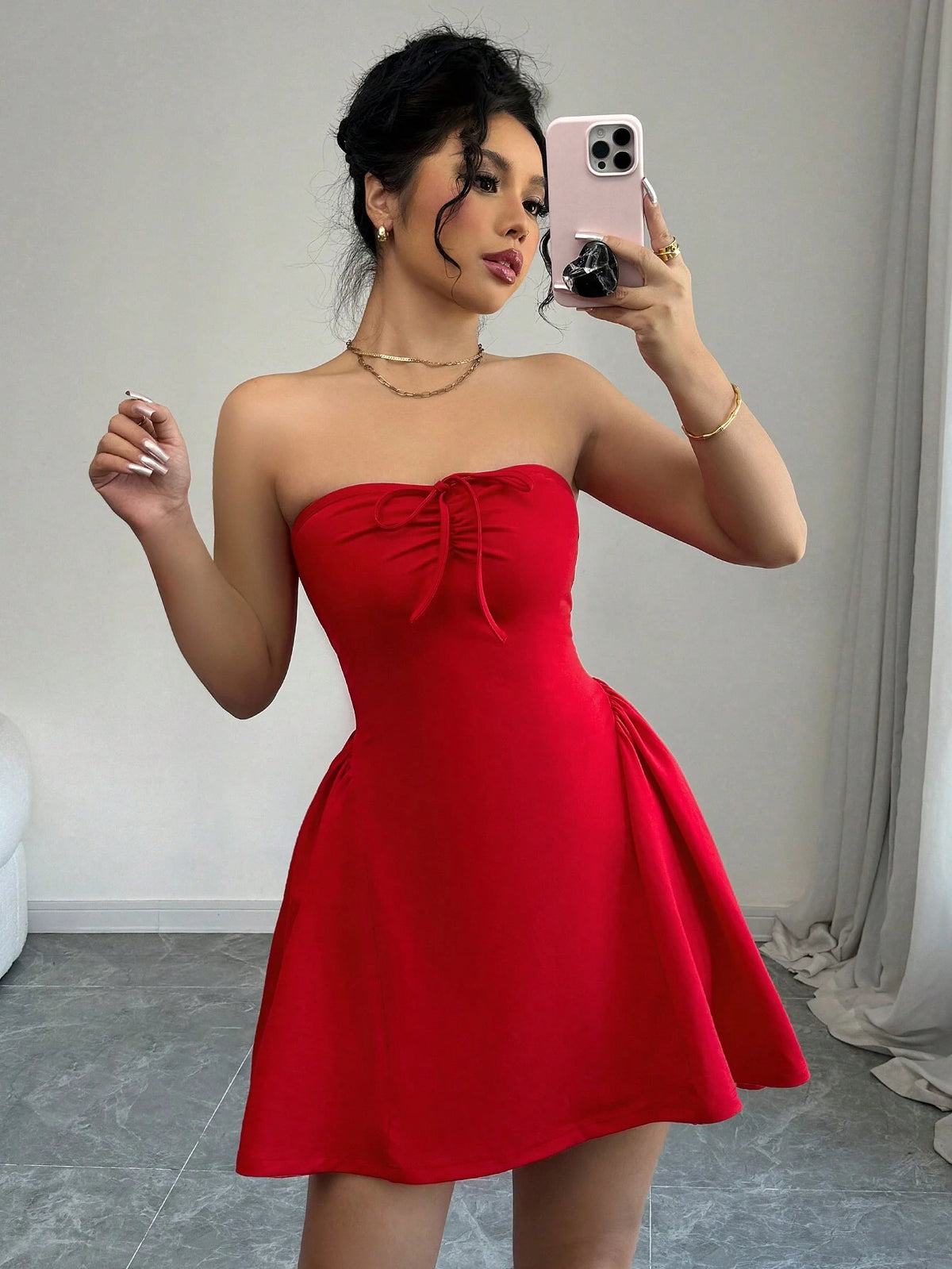Color Slim Fit Sexy Front Ruched Bow-Knot Ruffle Hem Elegance Tube Top Party Dress,Dating,Valentine's Day,New Women's Clothing