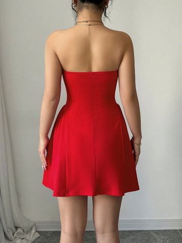 Color Slim Fit Sexy Front Ruched Bow-Knot Ruffle Hem Elegance Tube Top Party Dress,Dating,Valentine's Day,New Women's Clothing