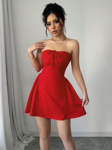 Color Slim Fit Sexy Front Ruched Bow-Knot Ruffle Hem Elegance Tube Top Party Dress,Dating,Valentine's Day,New Women's Clothing