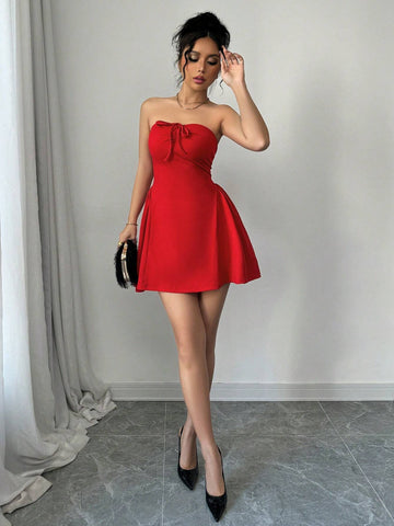 Color Slim Fit Sexy Front Ruched Bow-Knot Ruffle Hem Elegance Tube Top Party Dress,Dating,Valentine's Day,New Women's Clothing