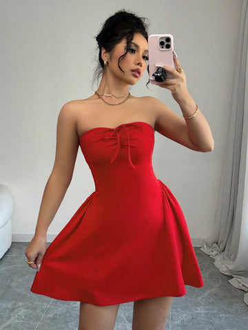 Color Slim Fit Sexy Front Ruched Bow-Knot Ruffle Hem Elegance Tube Top Party Dress,Dating,Valentine's Day,New Women's Clothing
