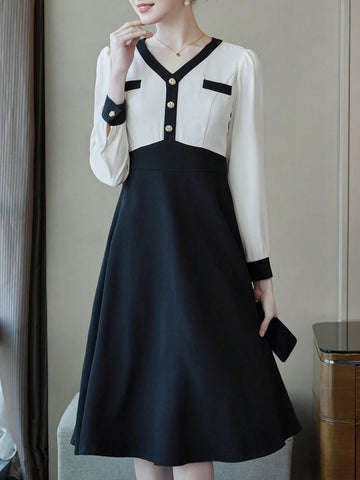 Colorblock Button Detail V-Neck Dress