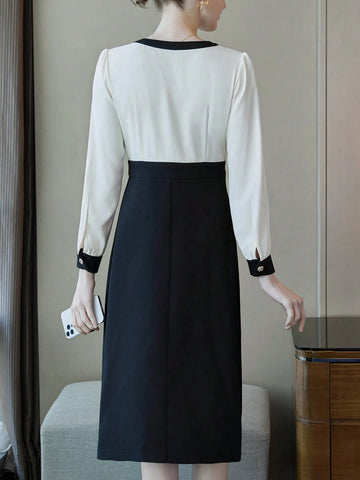 Colorblock Button Detail V-Neck Dress