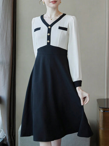 Colorblock Button Detail V-Neck Dress
