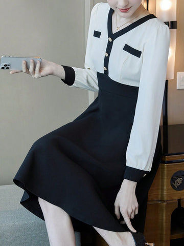 Colorblock Button Detail V-Neck Dress
