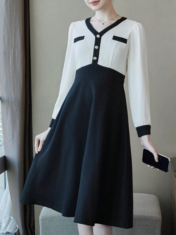 Colorblock Button Detail V-Neck Dress