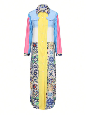 Colorblock Button Front Shirt Dress