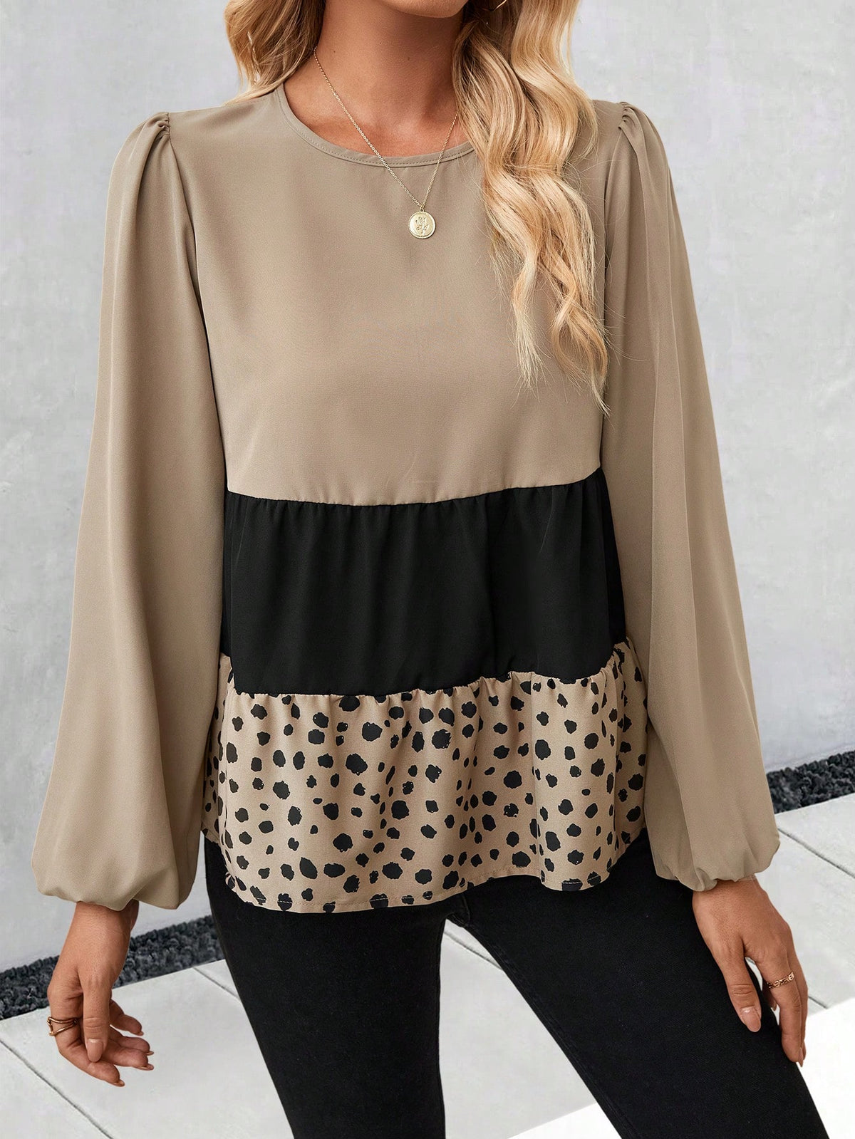 Colorblock Lantern Sleeve Peplum Blouse