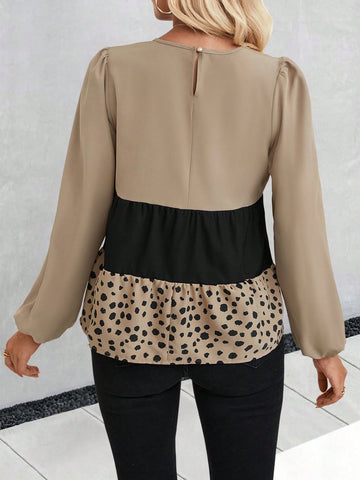 Colorblock Lantern Sleeve Peplum Blouse