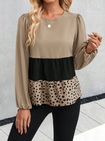 Colorblock Lantern Sleeve Peplum Blouse