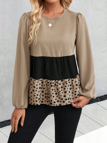 Colorblock Lantern Sleeve Peplum Blouse