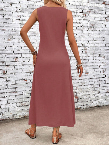 Colorblock Loose Fit Sleeveless Casual Dress With Round Neckline