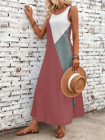 Colorblock Loose Fit Sleeveless Casual Dress With Round Neckline
