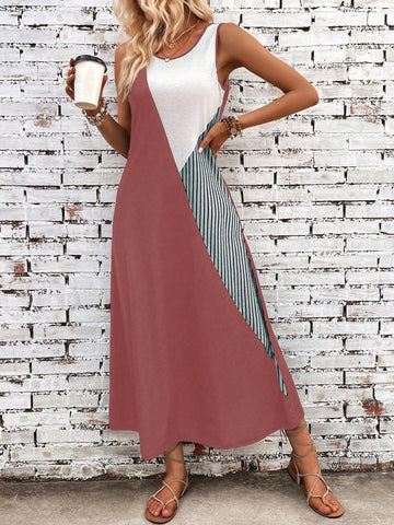 Colorblock Loose Fit Sleeveless Casual Dress With Round Neckline
