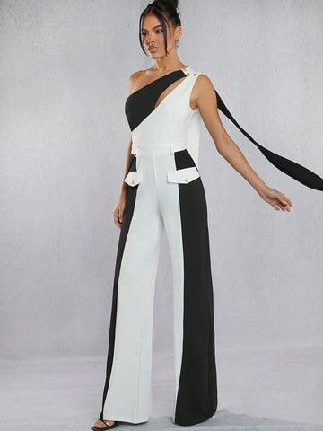 Colorblock One Shoulder Bow Jumpsuit