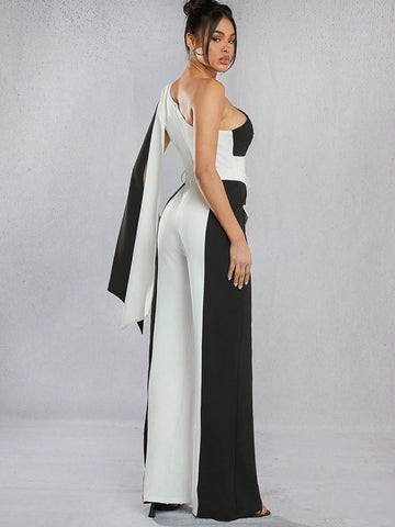 Colorblock One Shoulder Bow Jumpsuit