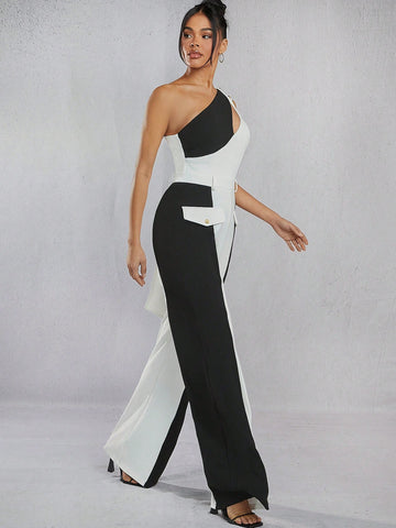 Colorblock One Shoulder Bow Jumpsuit