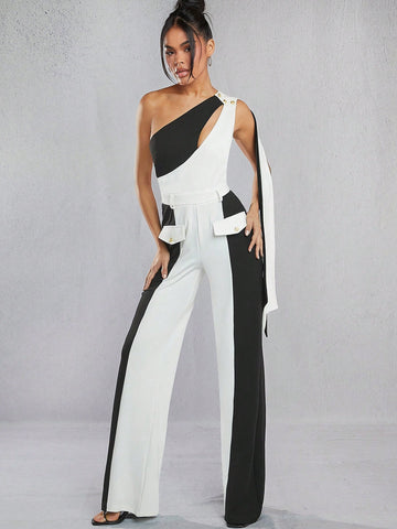Colorblock One Shoulder Bow Jumpsuit