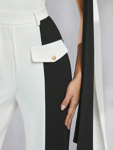 Colorblock One Shoulder Bow Jumpsuit