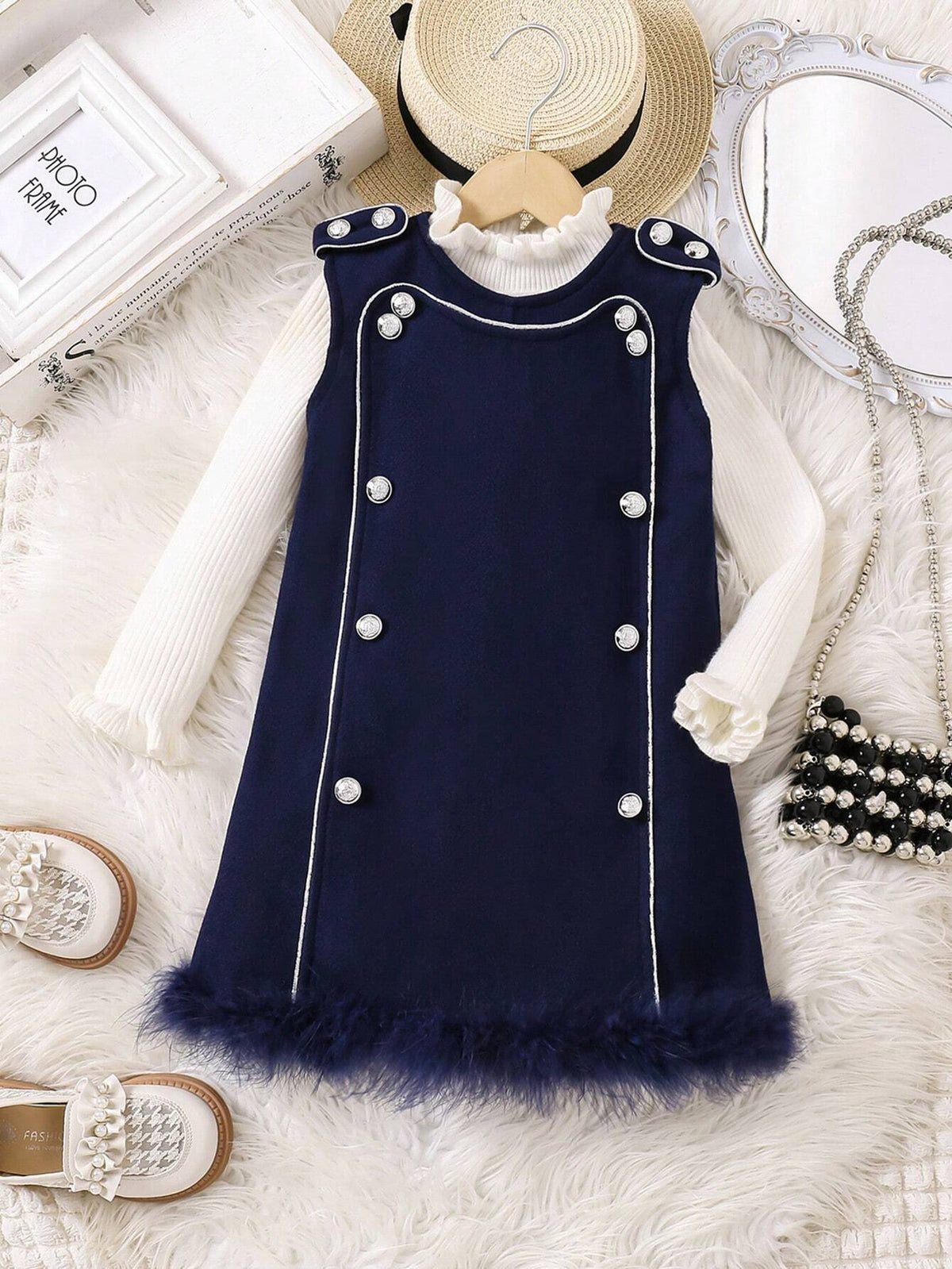 Colorblock Silver Metallic Trim Decor No-Sleeve Girl Dress With Contrasting Metal Buttons And Fuzzy Hem