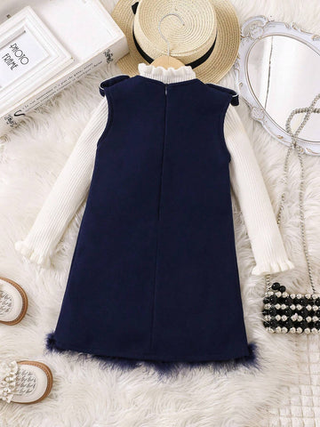 Colorblock Silver Metallic Trim Decor No-Sleeve Girl Dress With Contrasting Metal Buttons And Fuzzy Hem