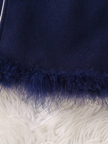 Colorblock Silver Metallic Trim Decor No-Sleeve Girl Dress With Contrasting Metal Buttons And Fuzzy Hem