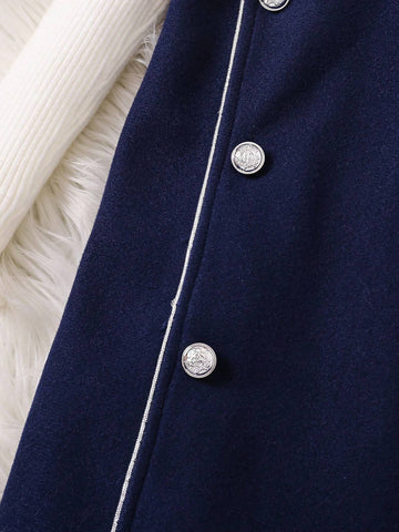 Colorblock Silver Metallic Trim Decor No-Sleeve Girl Dress With Contrasting Metal Buttons And Fuzzy Hem