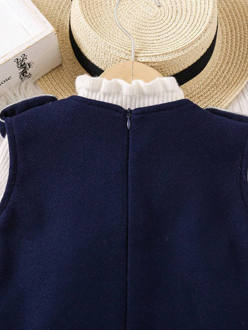 Colorblock Silver Metallic Trim Decor No-Sleeve Girl Dress With Contrasting Metal Buttons And Fuzzy Hem